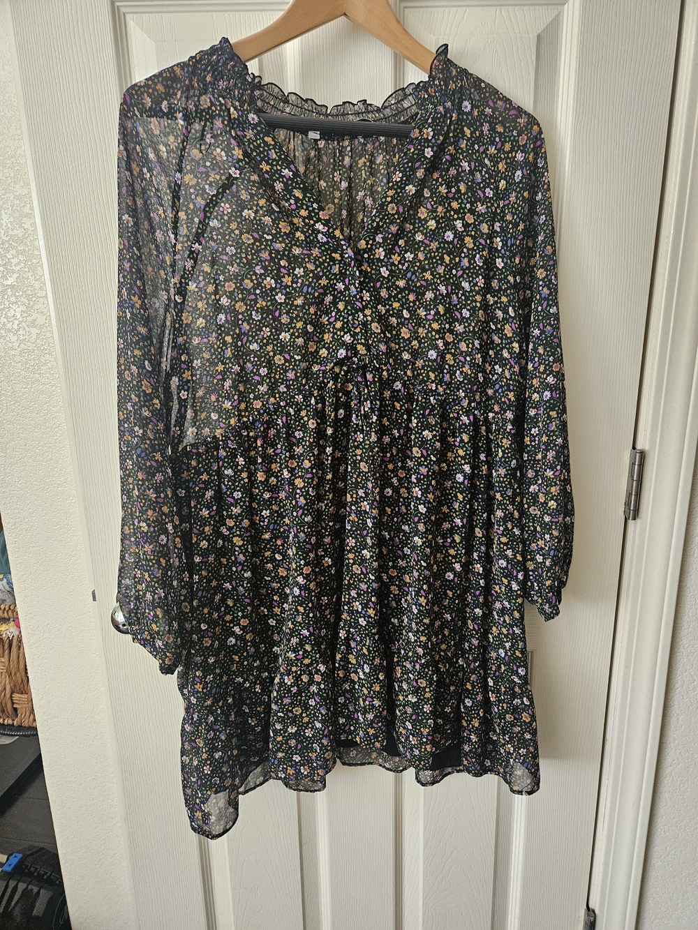 Zara Black Floral Long-Sleeve Sheer Dress